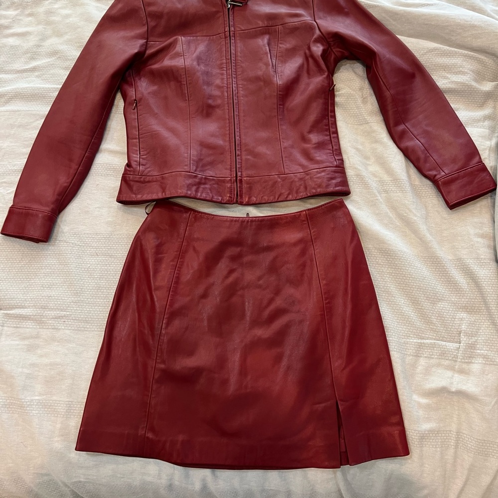 Wine Red Caché Leather Jacket and Skirt Set size 4